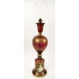 TABLE LAMP, bohemian glass, with gilt Greek key decoration and oval cartouche with portrait of a