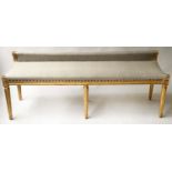 BANQUETTE, 145cm W, early 20th century French, giltwood with studded upholstery, lipped back and