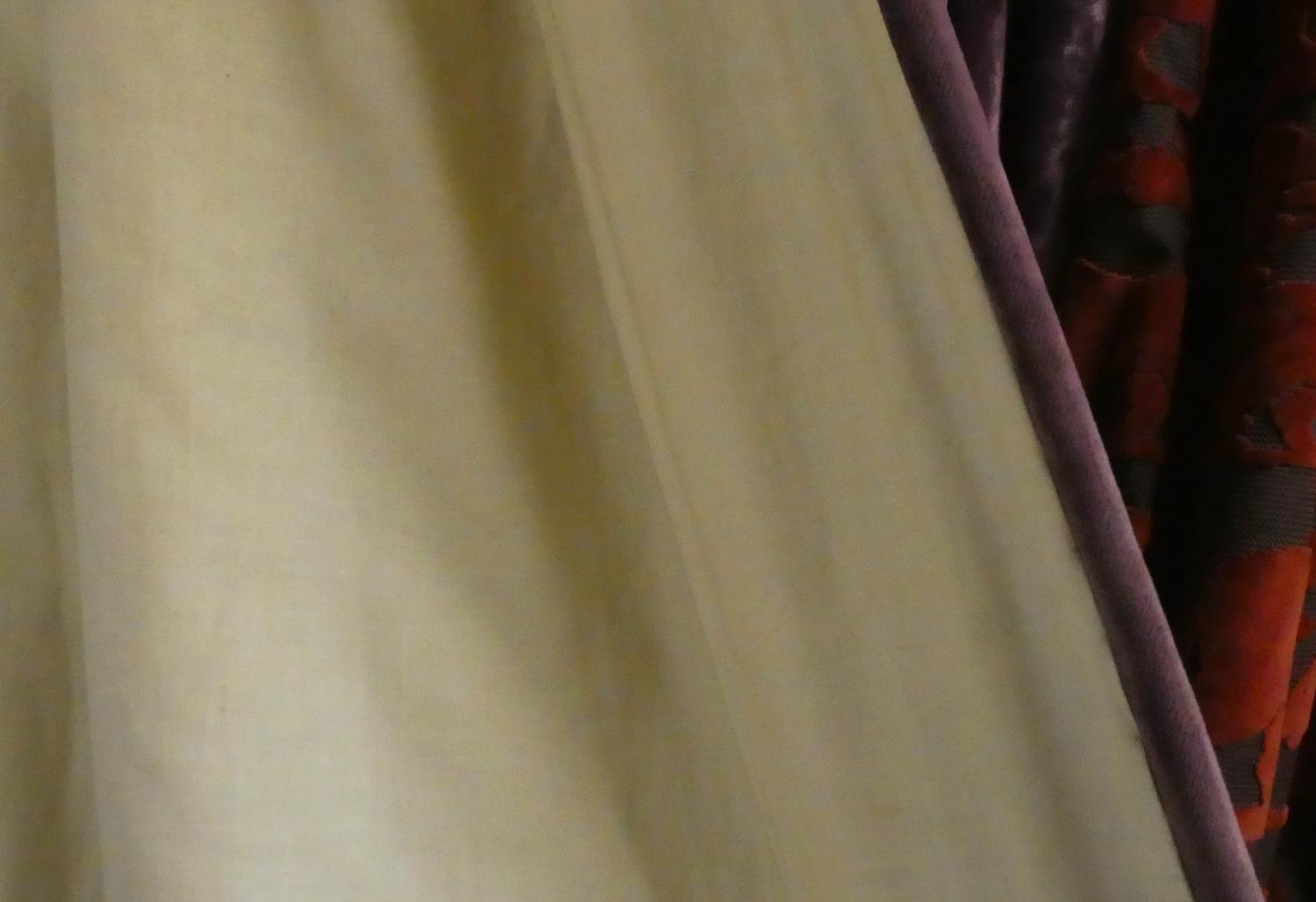CURTAINS, a pair, 93cm gathered x 250cm drop approx., purple velvet, lined and interlined. (2) - Image 3 of 4
