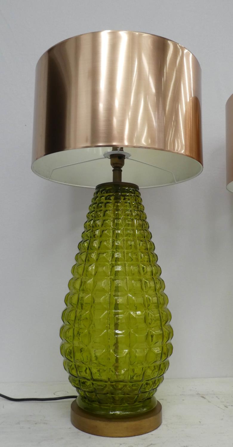 TABLE LAMPS, two, 69cm H, with shades, contemporary green glass design. (2) - Image 2 of 5