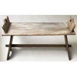 HALL BENCH, early 20th century, Arts and Crafts weathered oak, rectangular seat and pierced handles,