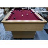 POOL TABLE, 191cm x 114cm x 95cm H, with balls, chalk, triangle and five cues.