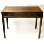 SIDE TABLE, 19th century Chinese fir and elm lacquered with three frieze drawers, 106cm x 58cm x