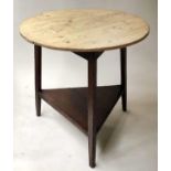 CRICKET TABLE, 19th century pine circular triform with undertier, 77cm H x 75cm D.