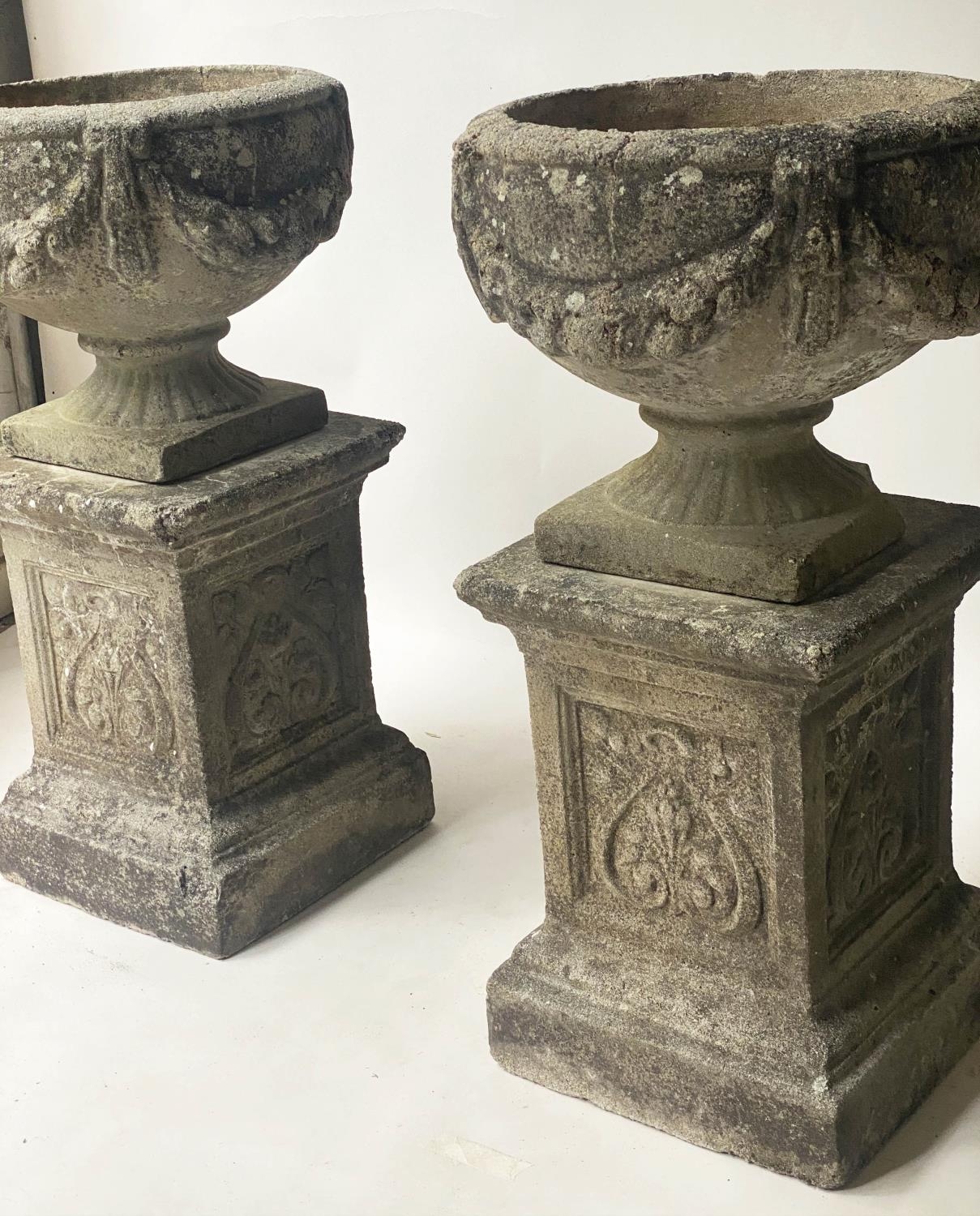 GARDEN PLANTERS, a pair, well weathered reconstituted stone with swag decorated urns on anthemion - Image 3 of 10