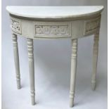 CONSOLE TABLE, 81cm x 41cm x 77cm H, French style, demilune, grey painted, with pierced frieze.