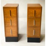 ART DECO BEDSIDE CHESTS, a pair, oak each with three long drawers, 43cm x 27cm x 74cm H. (2)