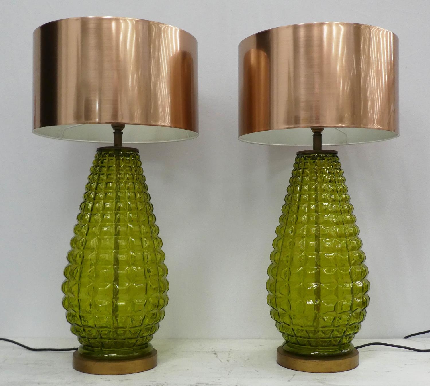 TABLE LAMPS, two, 69cm H, with shades, contemporary green glass design. (2)