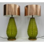 TABLE LAMPS, two, 69cm H, with shades, contemporary green glass design. (2)