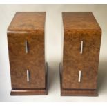 ART DECO BEDSIDE CHESTS, 28cm W x 55cm D x 57cm H, a pair, Art Deco figured walnut each with two