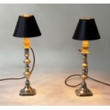 DINNER TABLE LAMPS, two similar Georgian style silvered converted candlesticks lamps, 40cm H. (2)