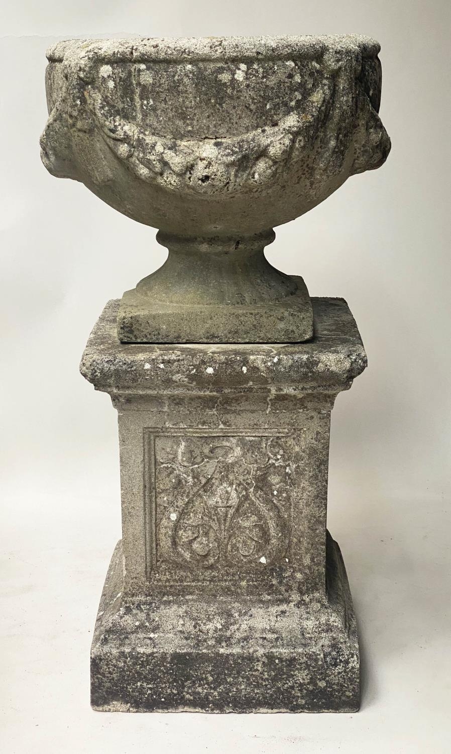 GARDEN PLANTERS, a pair, well weathered reconstituted stone with swag decorated urns on anthemion - Image 8 of 10