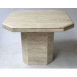 TRAVERTINE COFFEE TABLE, 70cm sq. x 50cm H, 1970's, rounded corners on plinth base.