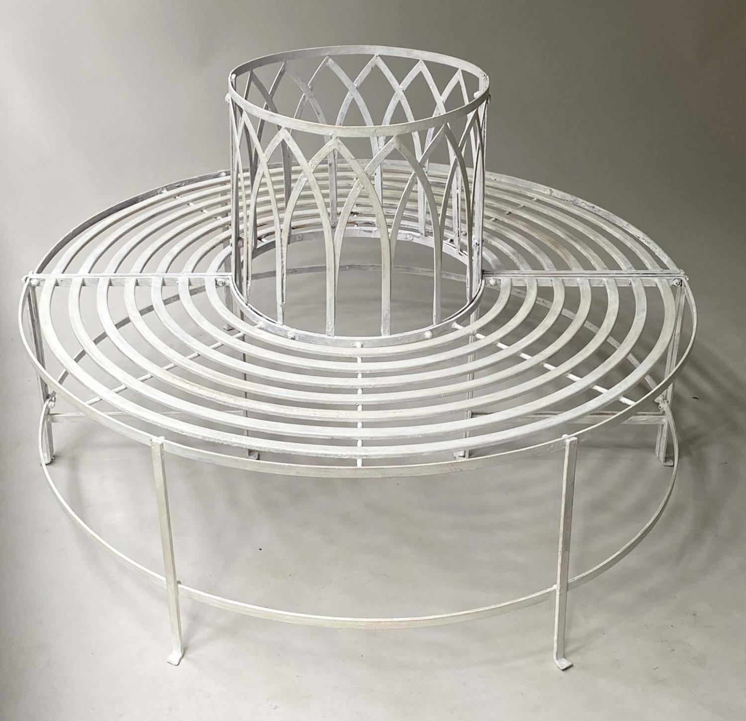 GARDEN TREE BENCH, white painted metal slatted full circle with Gothic arched upstand, 132cm W,