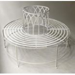 GARDEN TREE BENCH, white painted metal slatted full circle with Gothic arched upstand, 132cm W,