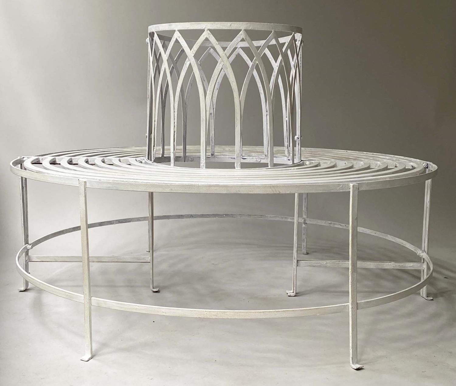 GARDEN TREE BENCH, white painted metal slatted full circle with Gothic arched upstand, 132cm W, - Image 5 of 6