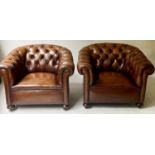 CHESTERFIELD CLUB ARMCHAIRS, a pair, early 20th century button upholstered leaf brown leather., 88cm