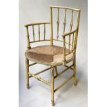 ARMCHAIRS, a pair, 53cm W, Regency style cream painted and decorated with bar backs and rush