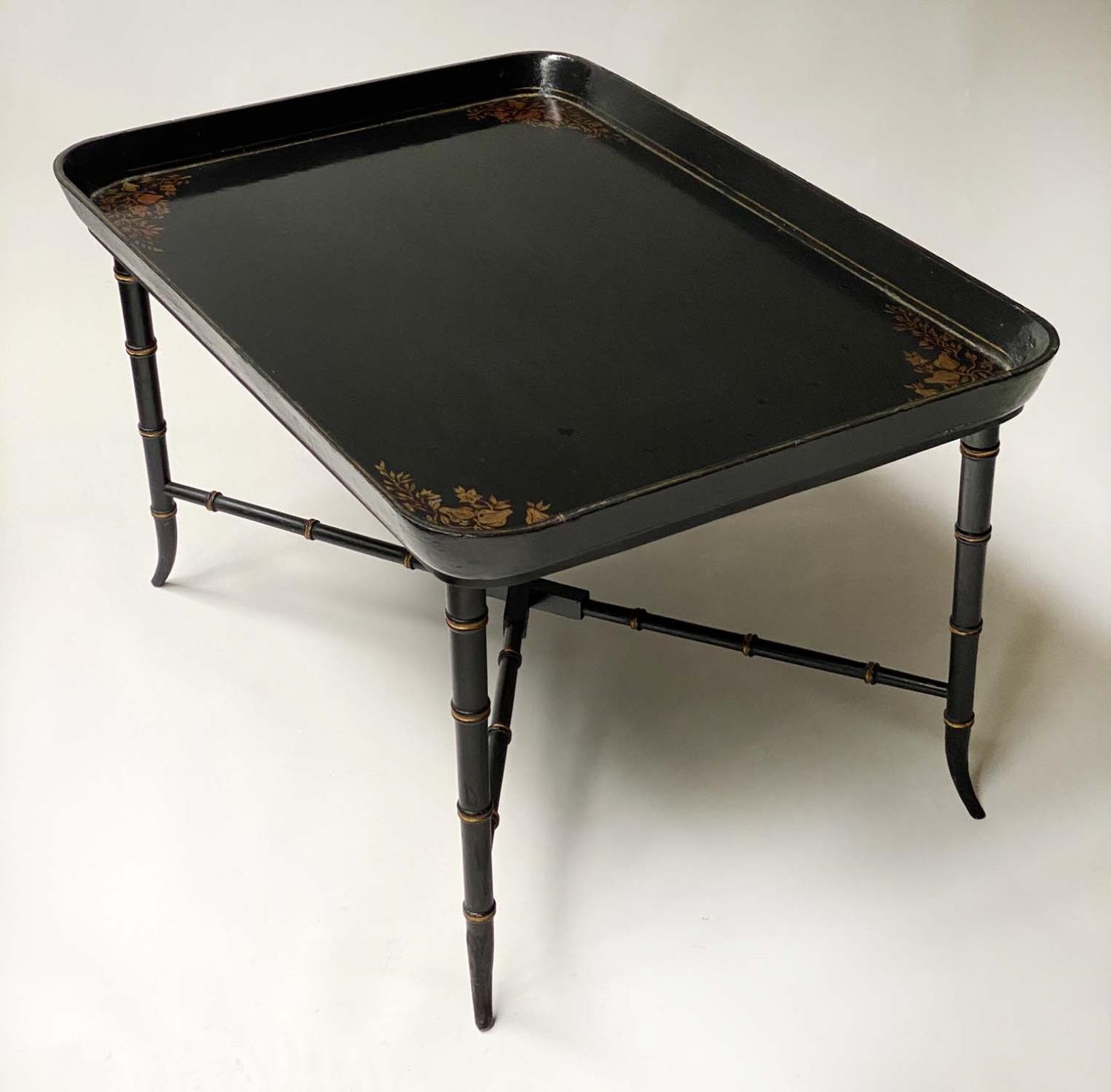 TRAY ON STAND, 83cm x 57cm x 49cm H, Regency style papier-mâché black lacquered and gilt - Image 2 of 7