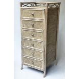 RATTAN TALL CHEST, vintage rattan framed and cane panelled with six drawers and gallery, 111cm H x