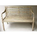 VERANDA BENCH, 115cm W, silvery weathered teak Anglo-Indian with carved pierced backs and slatted