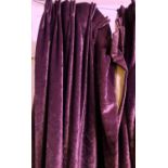 CURTAINS, a pair, 93cm gathered x 250cm drop approx., purple velvet, lined and interlined. (2)