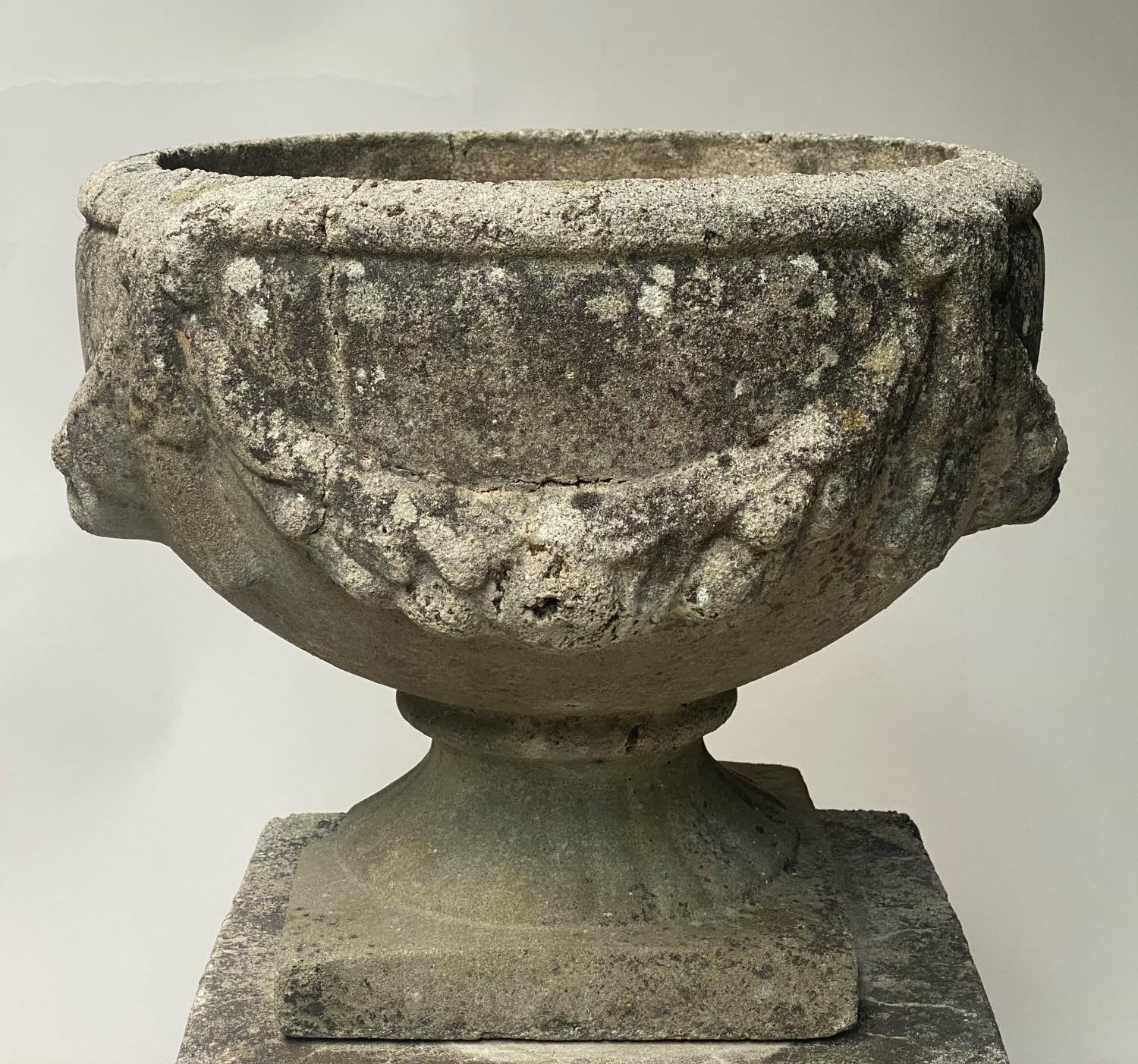 GARDEN PLANTERS, a pair, well weathered reconstituted stone with swag decorated urns on anthemion - Image 10 of 10