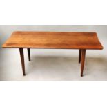 LOW TABLE, 1970's teak, rectangular with capped circular tapering supports, 100cm W x 50cm D x