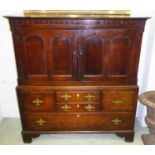 PRESS CUPBOARD, 141cm W x 153cm H x 56cm D part George III oak with two panelled doors above five