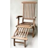 SKYLINE GARDEN STEAMER ARMCHAIR, 140cm x 59cm x 95cm, teak slatted, fully reclining with foot rest.