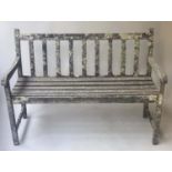 GARDEN BENCH, lichen encrusted weathered slatted teak, 118cm W.