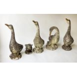 GARDEN GEESE, a gaggle of five, well weathered reconstituted stone, painted, tallest 71cm H. (5)