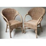 TERRACE ARMCHAIRS, a pair, rattan framed and wicker cane panelled, 63cm W. (2)