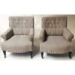 ARMCHAIRS, a pair, Herringbone taupe cotton upholstered and turned front supports, 74cm W. (2)