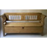 SWEDISH SETTLE, 19th century Gustavian style with turned spindle back and rising seat, 188cm W.