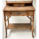 HALL CONSOLE/WRITING TABLE, 19th century bamboo framed wicker, panelled and cane bound with two