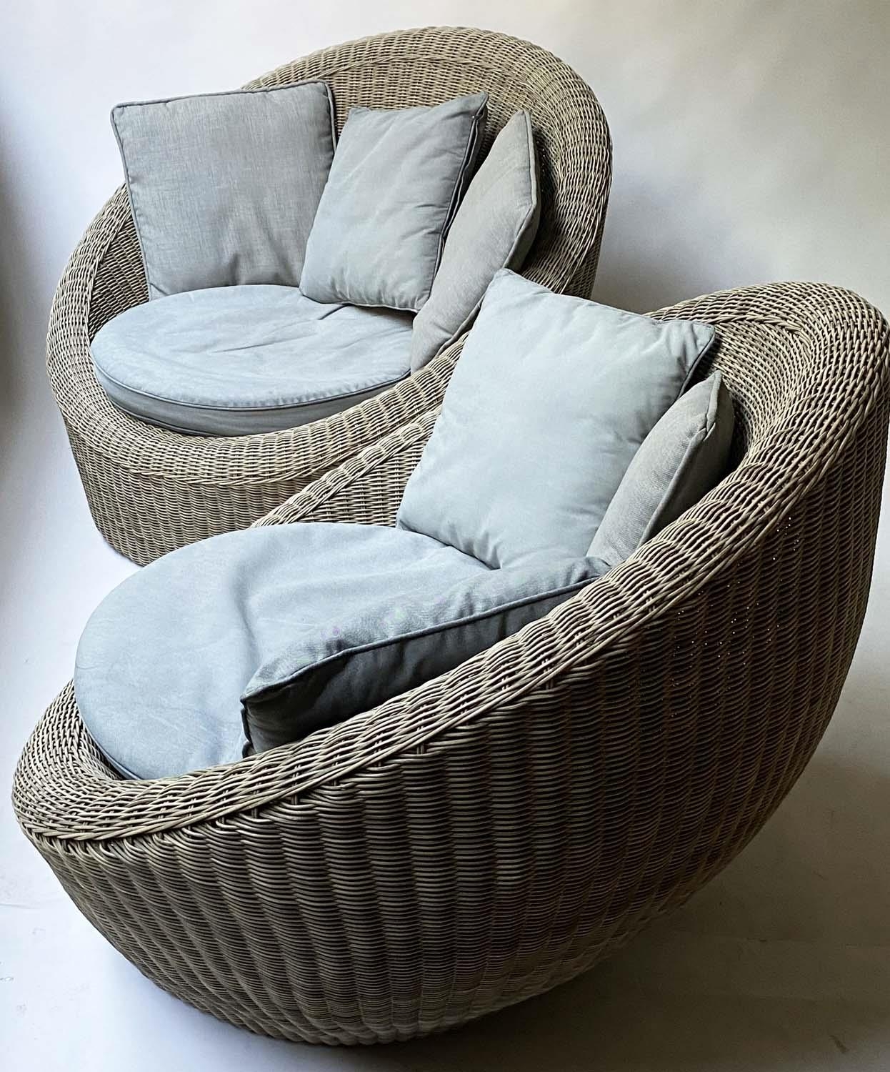 EASY ARMCHAIRS, 122cm W, a pair, grey rattan, of rounded design, each with grey seat and scatter - Image 4 of 5