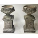 GARDEN PLANTERS, a pair, well weathered reconstituted stone with swag decorated urns on anthemion