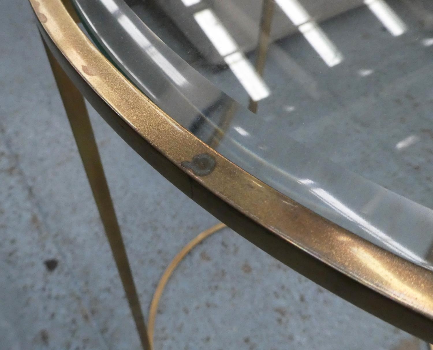 SIDE TABLES, two, 66cm x 46.5cm Diam, 1960's French style, gilt metal and glass. (2) - Image 2 of 3