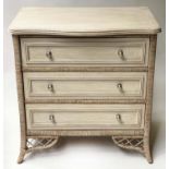 LEXINGTON RATTAN CHEST, painted, three drawers with cane and wicker panelling, 88cm x 49cm x 82cm H.