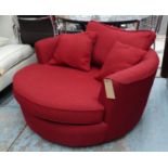 SWIVEL LOVE SEAT, 135cm W, contemporary red fabric upholstered.