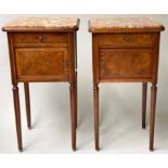 BEDSIDE CABINETS, a pair, French mahogany and burr walnut with marble, 84cm H x 45cm W x 38cm D.