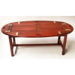 TRAY TABLE, 19th century style mahogany oval with brass hinged pierced handle flaps on stand,