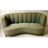 SOFA, Danish Art Deco, mid century ribbed green wool upholstery and studded with enclosing arms,