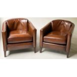 CLUB ARMCHAIRS, a pair, tub style, hand finished tobacco brown leather. (2)