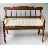 BENCH, 19th century English fruitwood with turned legs and back with white hide leather webbing