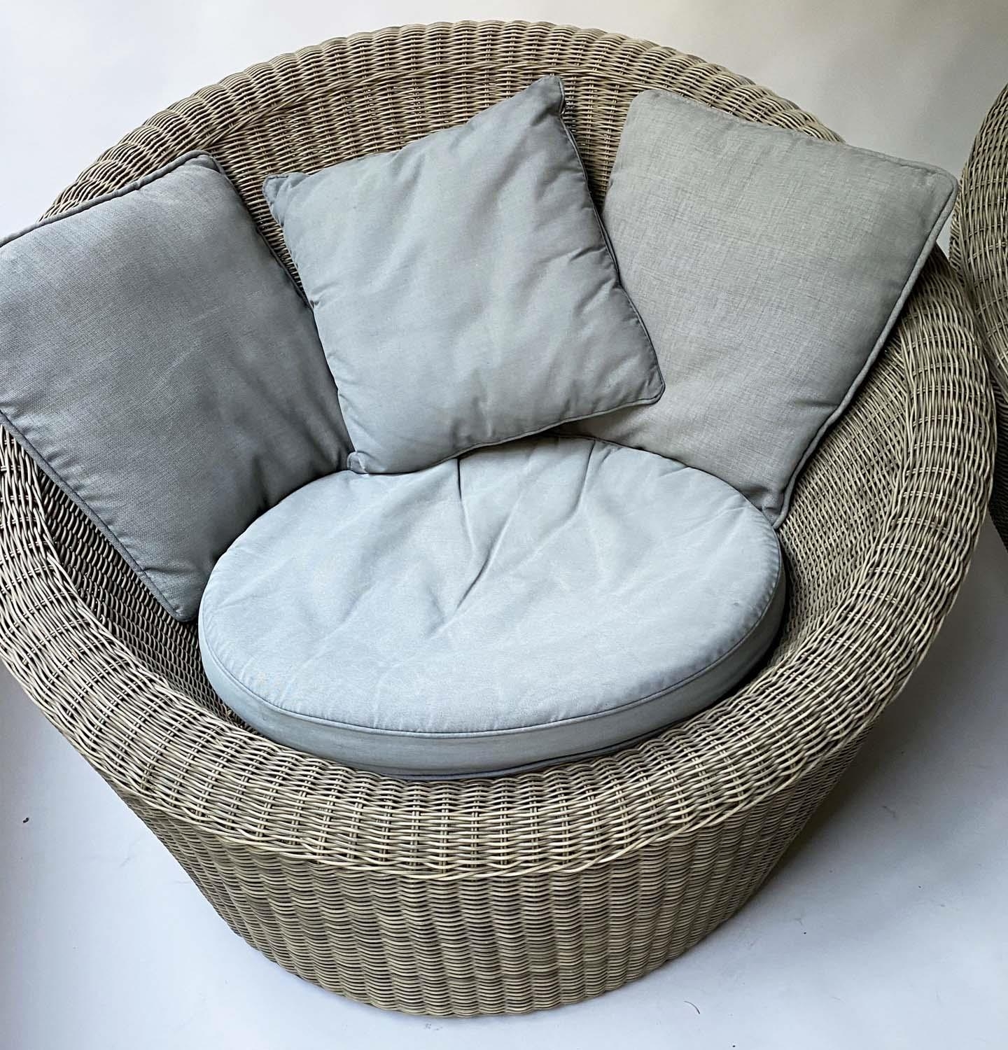 EASY ARMCHAIRS, 122cm W, a pair, grey rattan, of rounded design, each with grey seat and scatter - Image 5 of 5