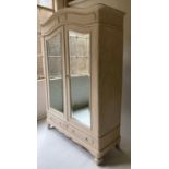 ARMOIRE, late 19th century French traditionally grey painted, arched with two bevelled mirror