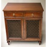 SIDE CABINET, Regency style mahogany and satinwood crossbanded with two drawers and mesh panelled