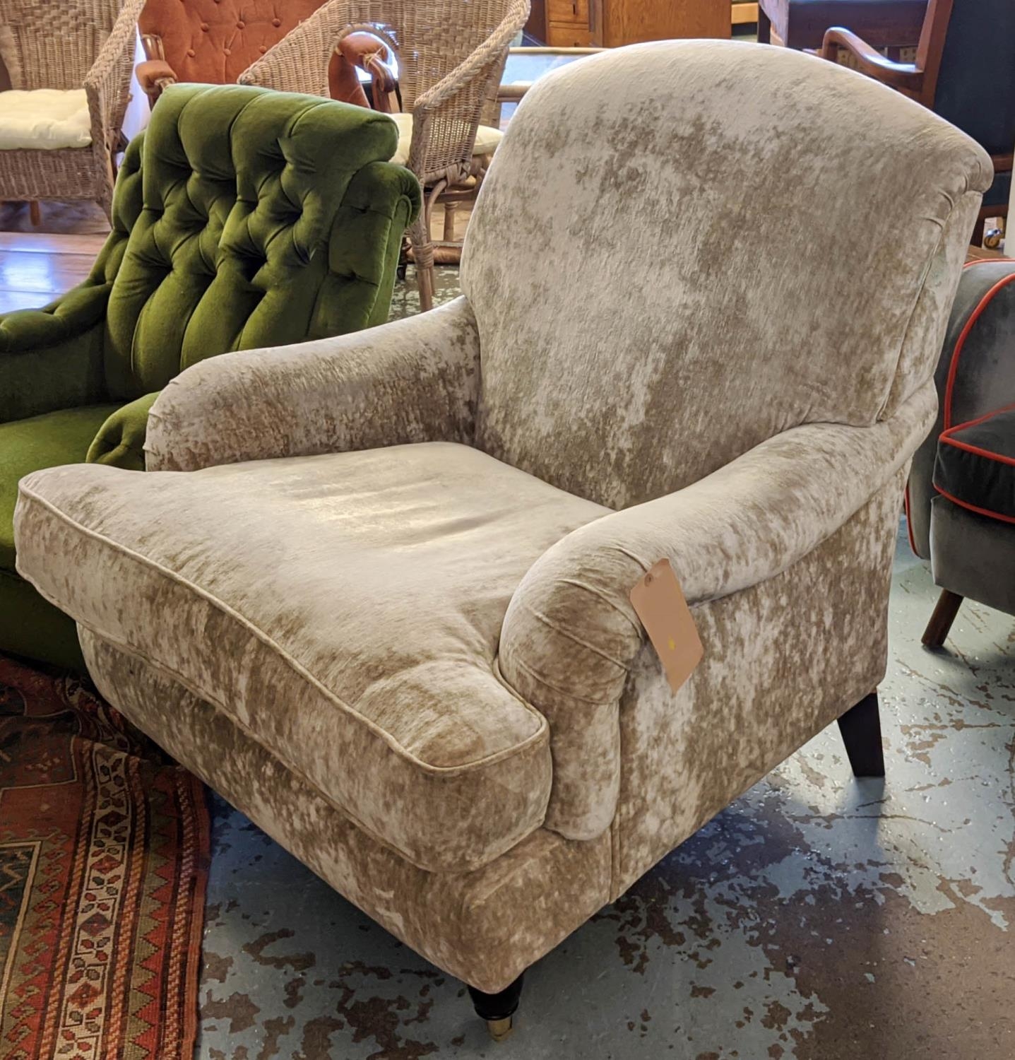 ARMCHAIR, 89cm W x 93cm H Howard style with silver grey velvet upholstery.